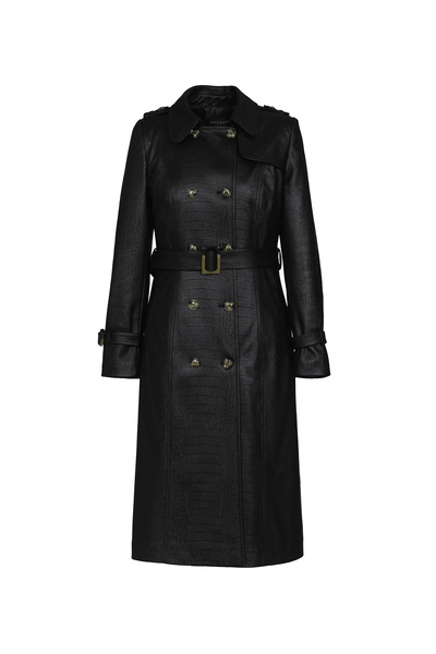 Soydan Güner Suni Deri Timsah Ara Boy Trençkot Siyah 5777