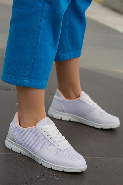 BOUIS Pantofi de damă, alb, cu șireturi, zilnic, plat, cu talpă confortabilă, plasă, moale, elegant, pantofi sport pentru mers