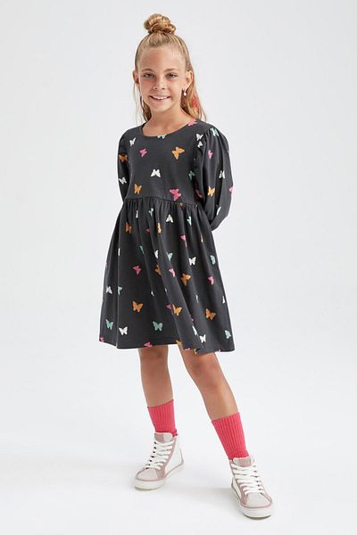 DeFacto Girl's Crew Neck Butterfly Patterned Long Sleeve Dress