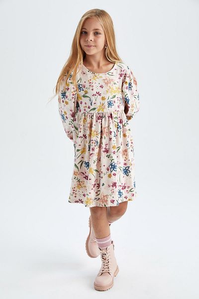 DeFacto Girl's Crew Neck Floral Long Sleeve Dress