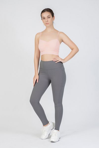 The Step Sports Colanți termici de iarnă cu nervuri gri pentru damă, cu buzunar din lână, cu talie înaltă, până la gleznă, 25 inchi