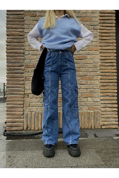 Gofeel Y2k Light Blue Cargo Oversize Unisex Trousers with Elastic Waist Front Pocket Detail