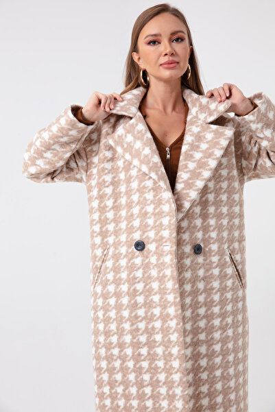 Lafaba Dámský béžový kabát se vzorem Houndstooth
