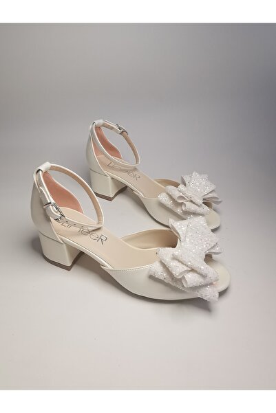 LİNEER Kadın Sedef Kırık Beyaz Renk Fiyonklu Rahat 5 Cm Kalın Topuklu Abiye Gelin Ayakkabısı