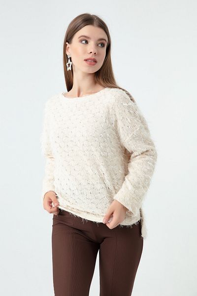 Lafaba Ecrufarbener Pelz-Glitzerpullover für Damen