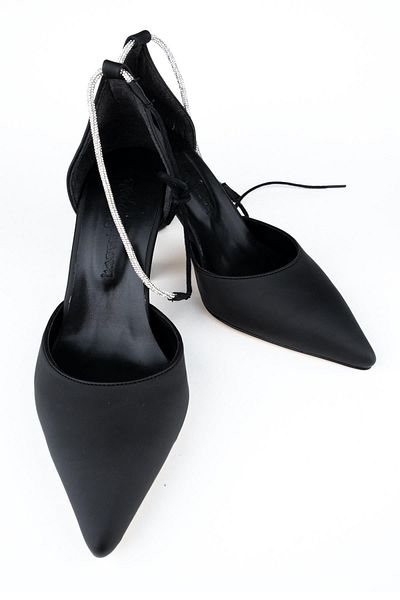 Modabuymus Pantofi cu toc stiletto cu piatră cu curele la gleznă din satin negru - lucios