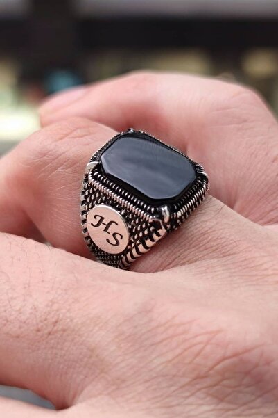 ALYANSEVİM Harf Yazılı Siyah Oniks Taşlı 925 Gümüş Erkek Yüzük