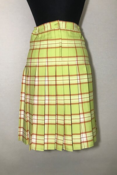 BERRİNMİLLA Pileli Turuncu Çizgili Yeşil Ekose Etek