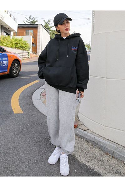 Black Sokak Blacksokak Women's Black Back Printed Oversize Hooded Sweatshirt