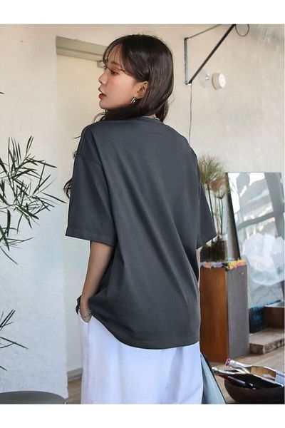 Benisengiydir Women's Dark Gray Original Vintage Raw Printed Oversize Crew Neck T-Shirt