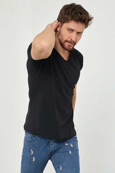 Tarz Cool Ανδρικό T-Shirt-vyktsr06s σε μαύρο λαιμόκοψη με λεπτή εφαρμογή Lycra