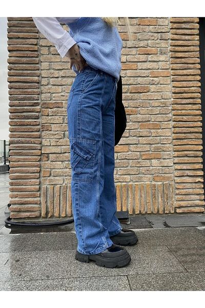 Gofeel Y2k Light Blue Cargo Oversize Unisex Trousers with Elastic Waist Front Pocket Detail