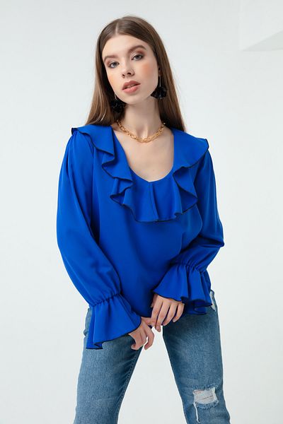 Lafaba Women's Saxe Collar and Sleeves Flounce Blouse