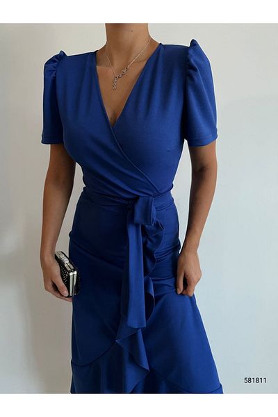 rengamoda Rochie de mireasă de absolvire, albastru, crepon, lungime midi, cu curea, mânecă scurtă 120 cm