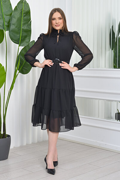 Neşeli Butik Kadın Kemerli Midi Boy Gipeli Şifon Elbise Nb7156 - Siyah