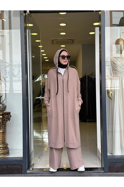NS Moda Hijab Zippered Cap, Trousers Set Mink Model-439