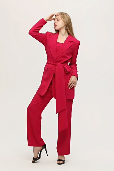 Feminist Crop Trousers Jacket Triple Set Fuchsia0106308