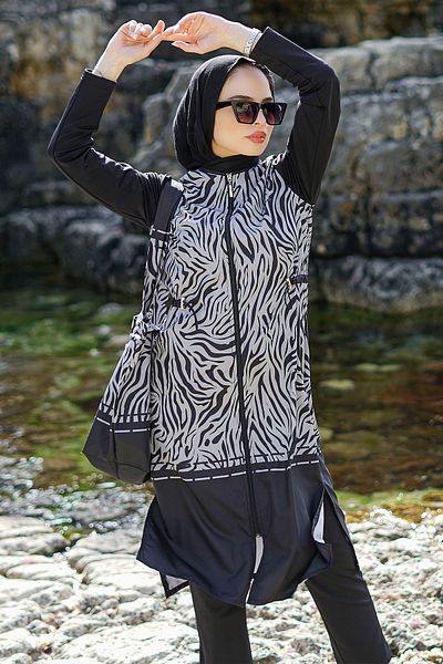 Minel Γυναικείο μαγιό Hijab με μοτίβο μαύρης ζέβρας σετ 2 τεμαχίων
