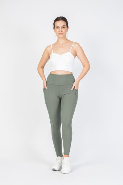 The Step Sports Women's Green Ribbed Winter Fleece Inside Pocket High Waist Ankle Length Thermal Leggings 25