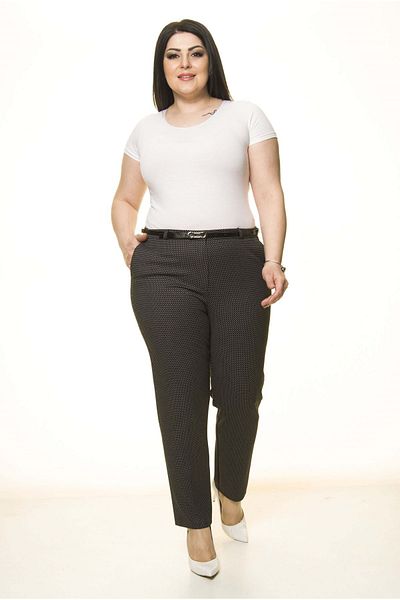 modayız Polka Dot Black Belted Flexible Plus Size Trousers L2-1703