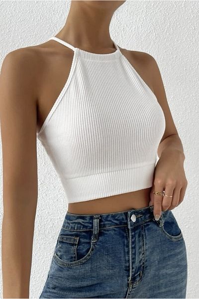 MADALİNA Γυναικεία Crop Top Μπλούζα με Λευκή Καμισολή Πίσω Γραβάτα με ζωσμένη