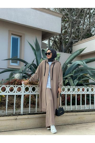 NS Moda Hijab Zippered Cap, Trousers Set Mink Model-439