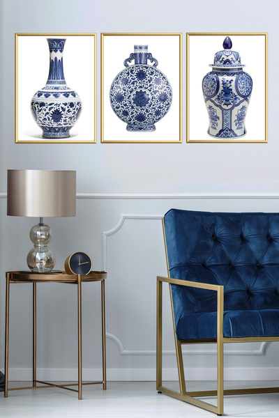 Linacci Set de pictură cu poster cu țiglă cu cadru triplu din metal auriu din aluminiu