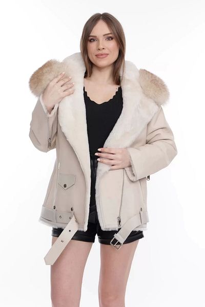 By Marki Marki Genuine Leather Coat, Fur Inside, Beige Coat Hooded, Special Fur, Beige Leather Coat, Women's, -109322