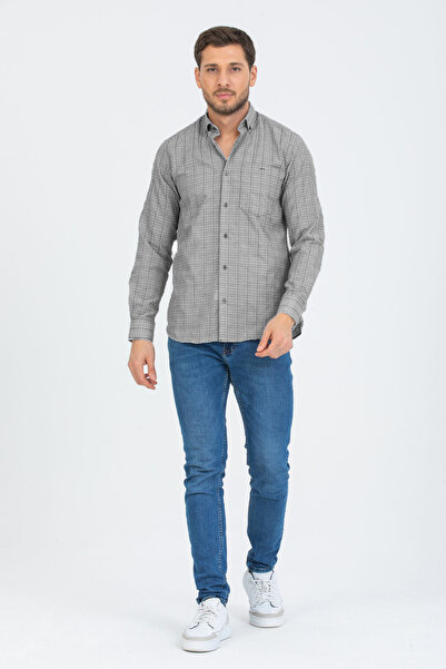 Varetta Чоловіча сіра картата сорочка з довгими рукавами, коміром на ґудзиках та однією кишенею