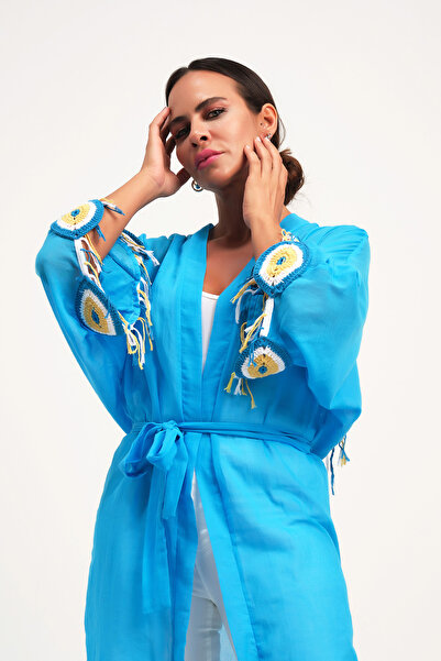 Marever Fashion Nazar Boncuklu El Işi Turkuaz Kimono Kaftan