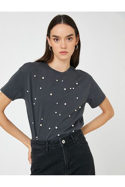 Koton Short Sleeve T-Shirt Crew Neck Pearl And Stone Detail