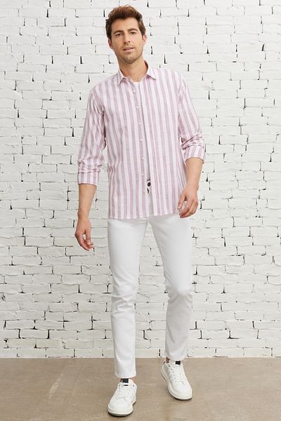 AC&Co / Altınyıldız Classics Men's White-burgundy Comfort Fit Relaxed Cut 100% Cotton Classic Collar Shirt