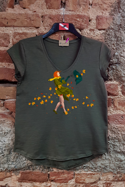 SCUBAPROMO الخريف العضوية المطبوعة المرأة الكاكي عارضة تي شيرت