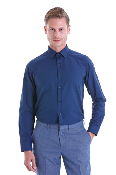 Hatemoğlu Lacivert Slim Fit Düz Pamuklu Slim Yaka Uzun Kollu Klasik Gömlek