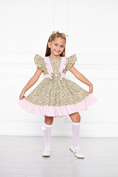 Moda Lippa Πράσινο κοριτσίστικο φόρεμα με λουλούδια