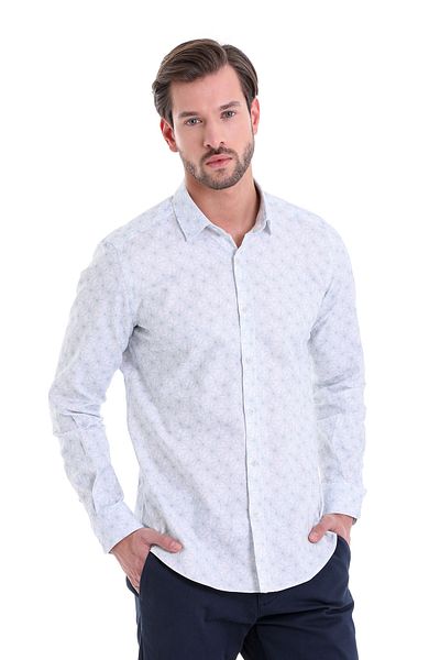 Hatemoğlu Μπλε Slim Fit εμπριμέ 100% βαμβακερό γιακά με μακρυμάνικο πουκάμισο