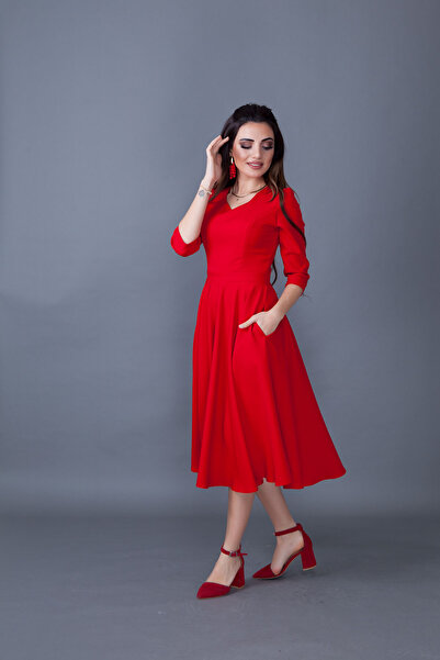 Bidoluelbise Kırmızı Cep Detaylı V Yaka Midi Boy Kloş Elbise