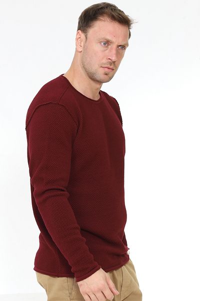 Matte Copenhagen Crew Neck Stitching Detailed Organic Cotton Claret Red Knitwear Sweater