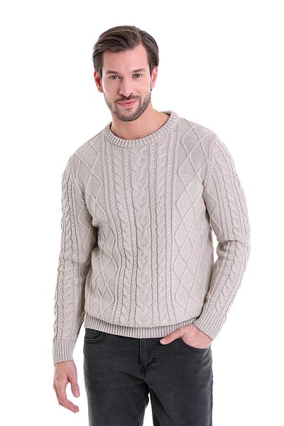 Hatemoğlu Beige Regular Fit Patterned Crew Neck Cotton Knitwear Sweater