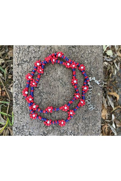 Stoneday Red Navy Blue Color Silver Detailed Daisy Sand Bead Summer Necklace