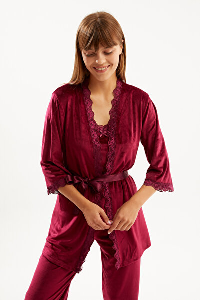 Ecrou Kadın Mürdüm Soft Kadife Truvakar Kol Ip Askılı Pantolon 3 Lü Pijama Takım