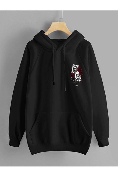 DEEPSENCE Black Hooded Oversize Sweatshirt Roseskull Print