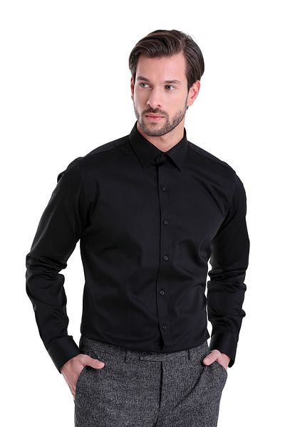 Hatemoğlu Black Comfort Fit Plain 100% Cotton Slim Collar Long Sleeve Classic Satin Shirt