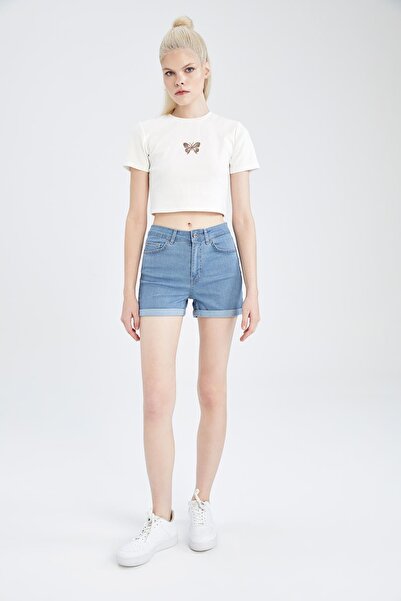 DeFacto Pantaloni scurți de jeans pliați cu talie normală