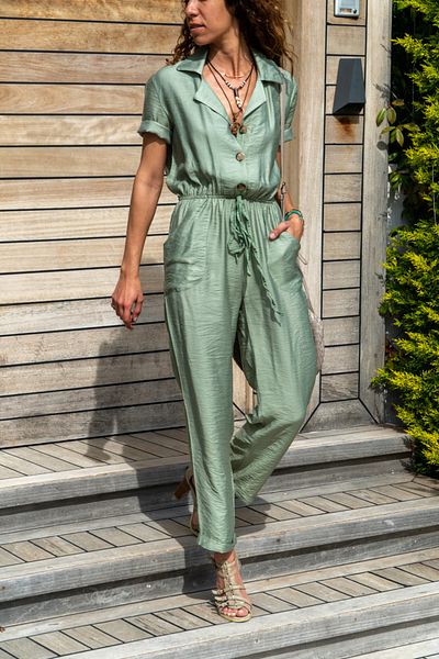 Güneşkızı Women's Khaki Jacket Collar Buttoned Jumpsuit GK-BSTY2622
