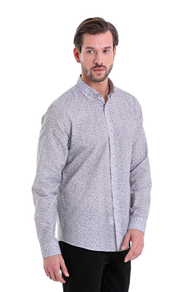Hatemoğlu Kahverengi Slim Fit Baskılı 100% Pamuk Düğmeli Yaka Uzun Kollu Casual Gömlek