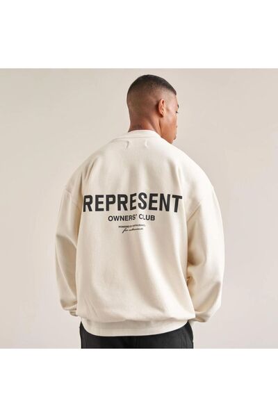 Black Sokak Pánská oversize mikina s výstřihem Ecru Represent s potiskem