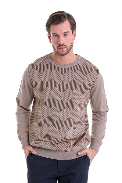 Hatemoğlu Beige Regular Fit Patterned Crew Neck Woolen Sweater