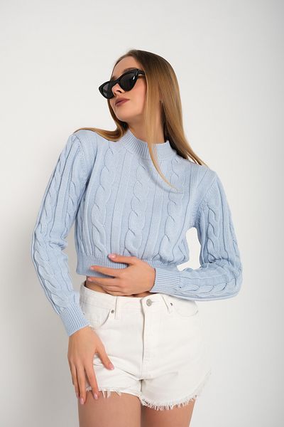 nosia fashion Pulover scurt crop albastru bebeluș cu jumătate de gât împletit