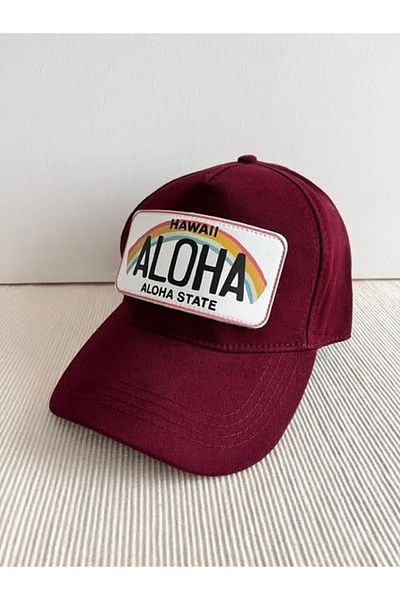 CosmoOutlet Adjustable Unisex Sticker Mesh Claret Red Hat with Hawaiian Aloha Slogan Removable Logo